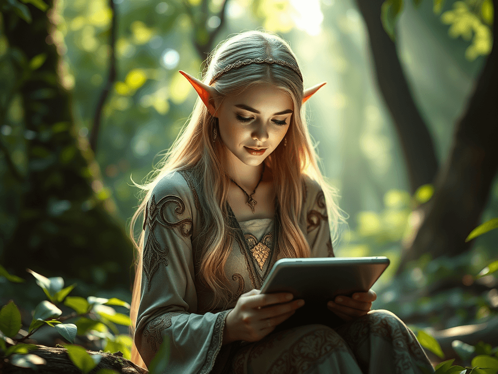Elfa usando um tablet na floresta. Feita por uma inteligência artificial.