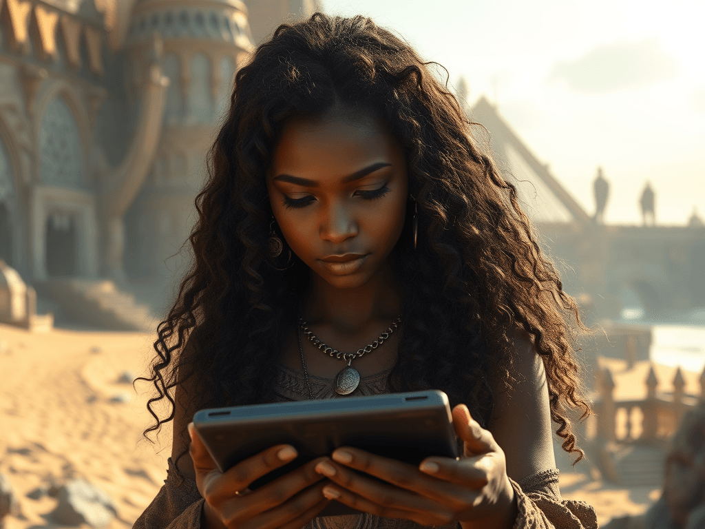 Elfa usando um tablet na praia. Feita por uma inteligência artificial.