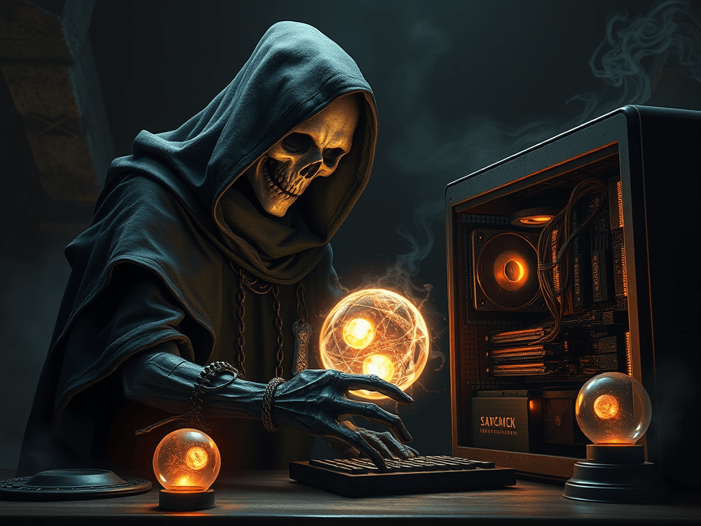 Um morto-vivo magicamente montando um PC, segundo uma inteligência artificial